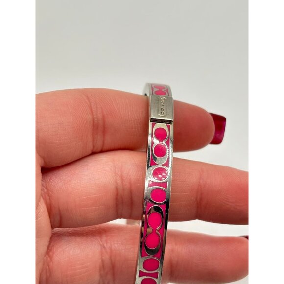 Coach Pink Enamel Signature Print Silver-Tone Bangle Bracelet - Picture 5 of 8